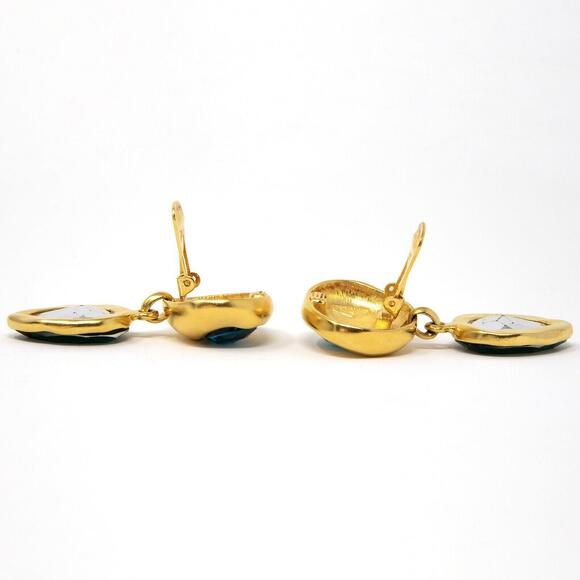 Vintage Ben-Amun Gold Tone Metal Blue Green Faceted Stone Clip On Earrings 2“ - Picture 8 of 9